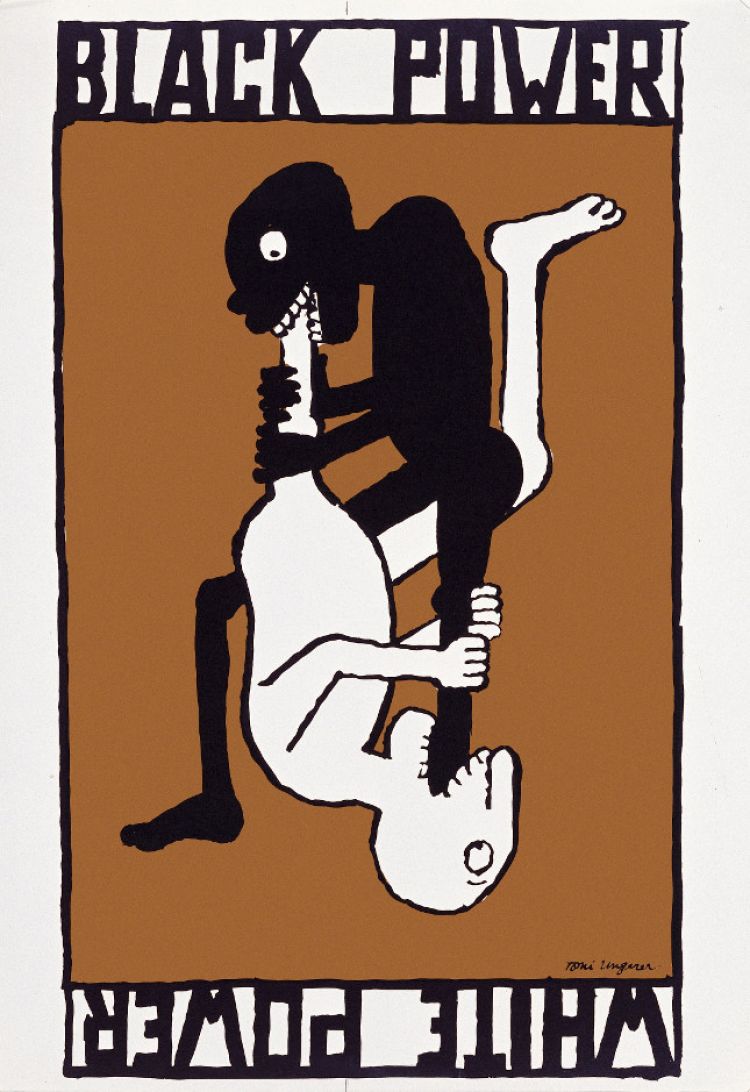 Tomi Ungerer, « Black Power / White Power », affiche contre la ségrégation raciale, 1967, © Ayants droit Tomi Ungerer / Coll. Musée Tomi Ungerer © Diogenes Verlag AG, Zürich/ Tomi Ungerer Estate. Photo : Martin Bernhart – Musées de la Ville de Strasbourg