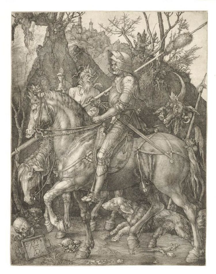 Albrecht Dürer, Le chevalier, la mort et le diable, gravure au burin, 1513. Photo. M. Bertola/Musées de Strasbourg