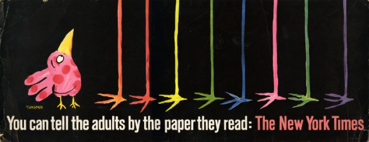 Tomi Ungerer, « You Can Tell The Adults By The Paper They Read », publicité pour The New York Times, 1965, © Ayants droit Tomi Ungerer / Coll. Musée Tomi Ungerer © Diogenes Verlag AG, Zürich/ Tomi Ungerer Estate. Photo : Musées de la Ville de Strasbourg